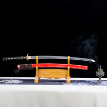 Load image into Gallery viewer, Skark Skin Red Saya Samurai Sword katana Sunflower Copper Tsuba Folding Steel Clay Tempered Real Hamon Japanese Sword