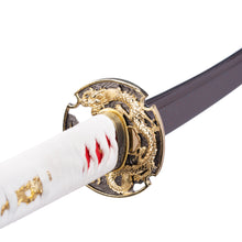 Load image into Gallery viewer, Folding Steel Oil Quenched Red Blade Golden Chinese Dragon Red And White Color Theme Katana