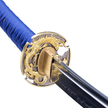 Load image into Gallery viewer, Kogarasu Maru T10 Clay Tempering Golden Dragon Blue Theme Japanese Samurai Sword