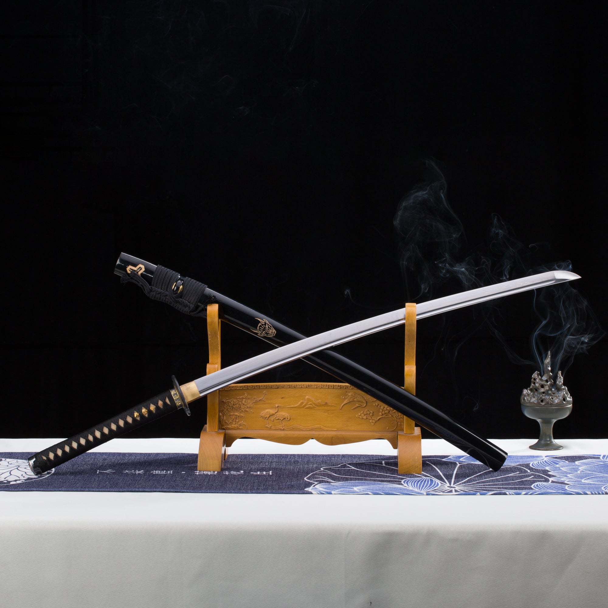 Black Ninja Katana Carved Saya 9260 Steel Oil Quenched Japanese Sword